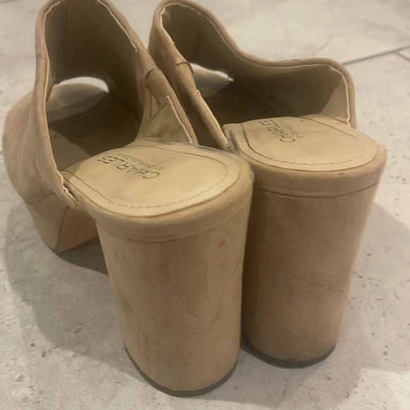 Charles David 7.5 4 inch heels. Peep toe. Slip in clogs. Tan. Stacked. - Picture 2 of 4